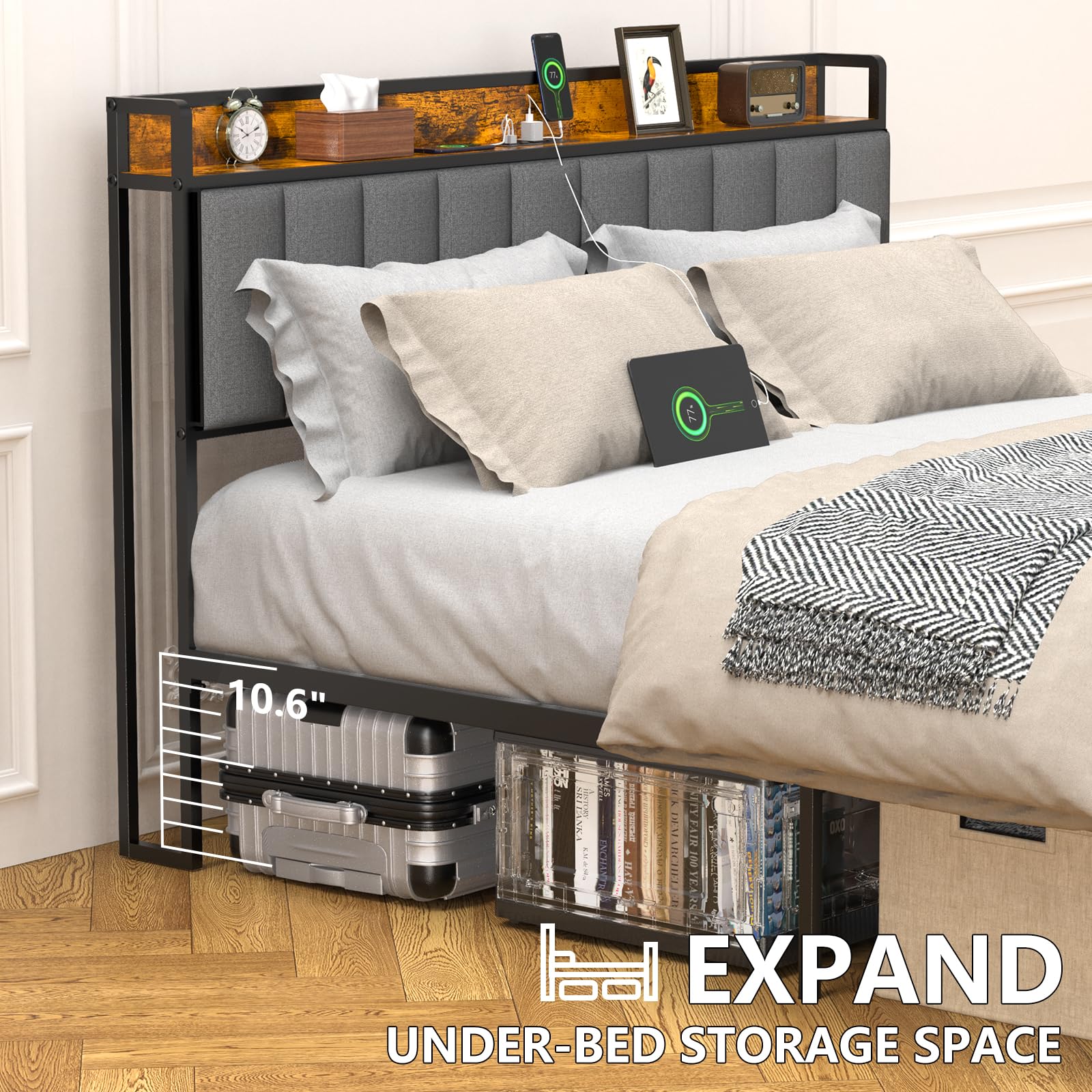 Queen Bed Frame, Storage Headboard with USB Ports & Charging Station, No Box Spring Needed, Noise-Free, Heavy Duty Metal Frame Support, Easy Assembly