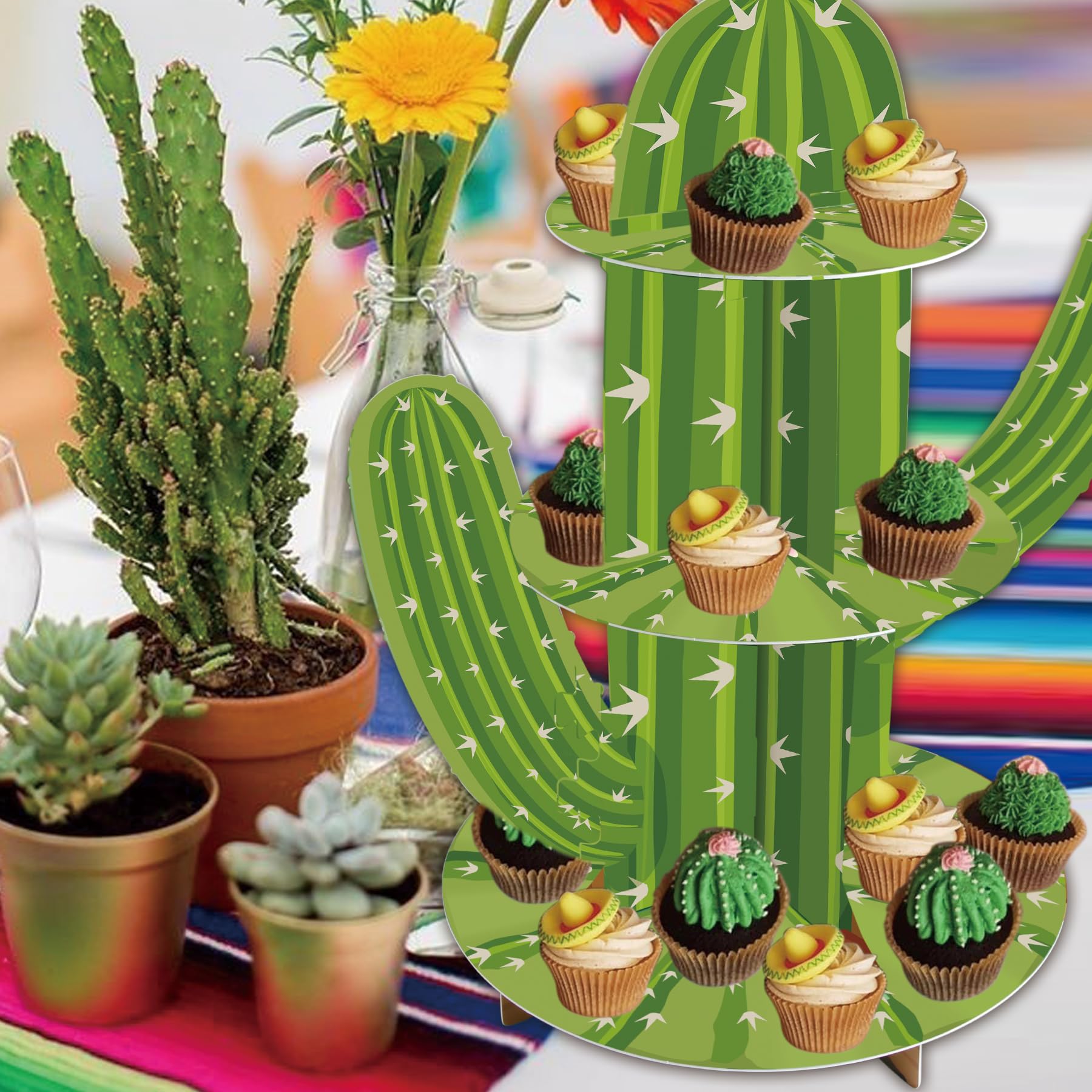 KARAQY 3 Tier Cactus Cupcake Stand, Green Cactus Shape Cupcake Holder for Mexican Fiesta Party Supplies, Taco Party Decorations, Cinco De Mayo Party Favors