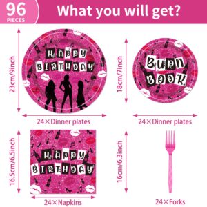 Girls Party Supplies Birthday Tableware - 96 Pcs Burn Book Lips Plates and Napkins Sets with Forks, So Fetch Women Movie Party Decorations, Bridal Shower Disposable Dinnerware, Serves 24