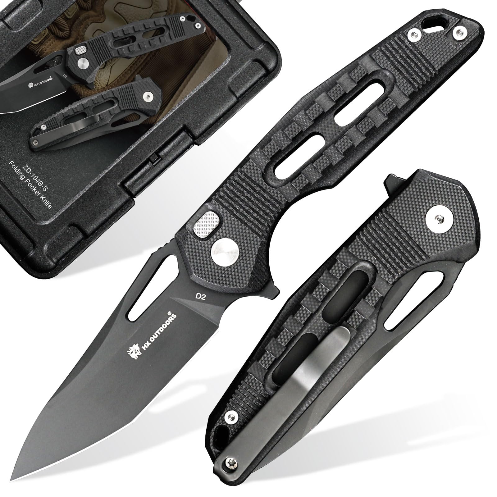 HX OUTDOORS Pocket Knife with Lock, Premium D2 Steel Folding Knife with Pocket Clip and Non Slip G10 Handle for Men，Outdoor, Survival, Camping, Hiking