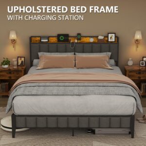 Queen Bed Frame, Storage Headboard with USB Ports & Charging Station, No Box Spring Needed, Noise-Free, Heavy Duty Metal Frame Support, Easy Assembly