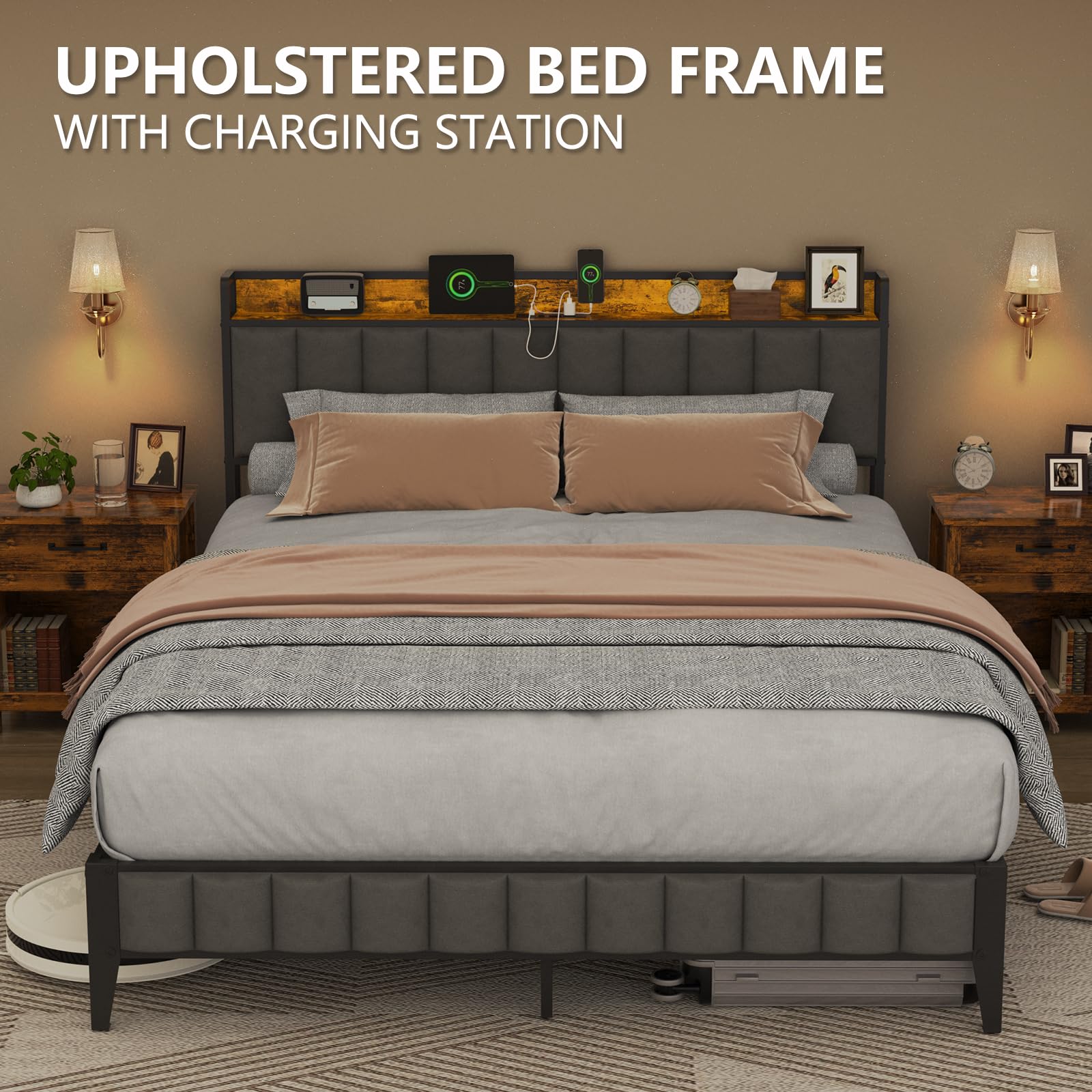 Queen Bed Frame, Storage Headboard with USB Ports & Charging Station, No Box Spring Needed, Noise-Free, Heavy Duty Metal Frame Support, Easy Assembly