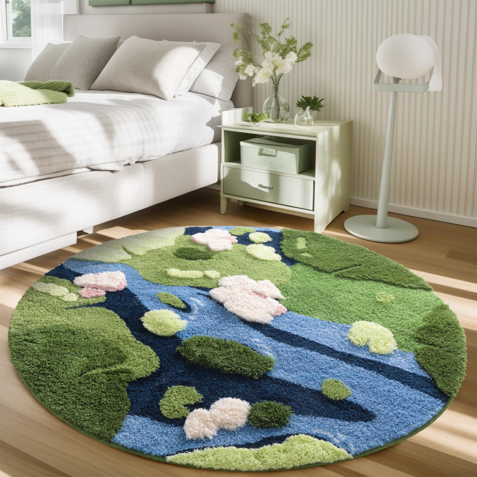 YIHOUSE Modern Round Area Rug, Grass Green Moss Aesthetic Rug for Bedroom Non-Slip Throw Shag Fluffy Carpet Washable Circle Rug for Nursery Room Girls Living Room Playroom Home Decor(Summer, 3x3Ft)