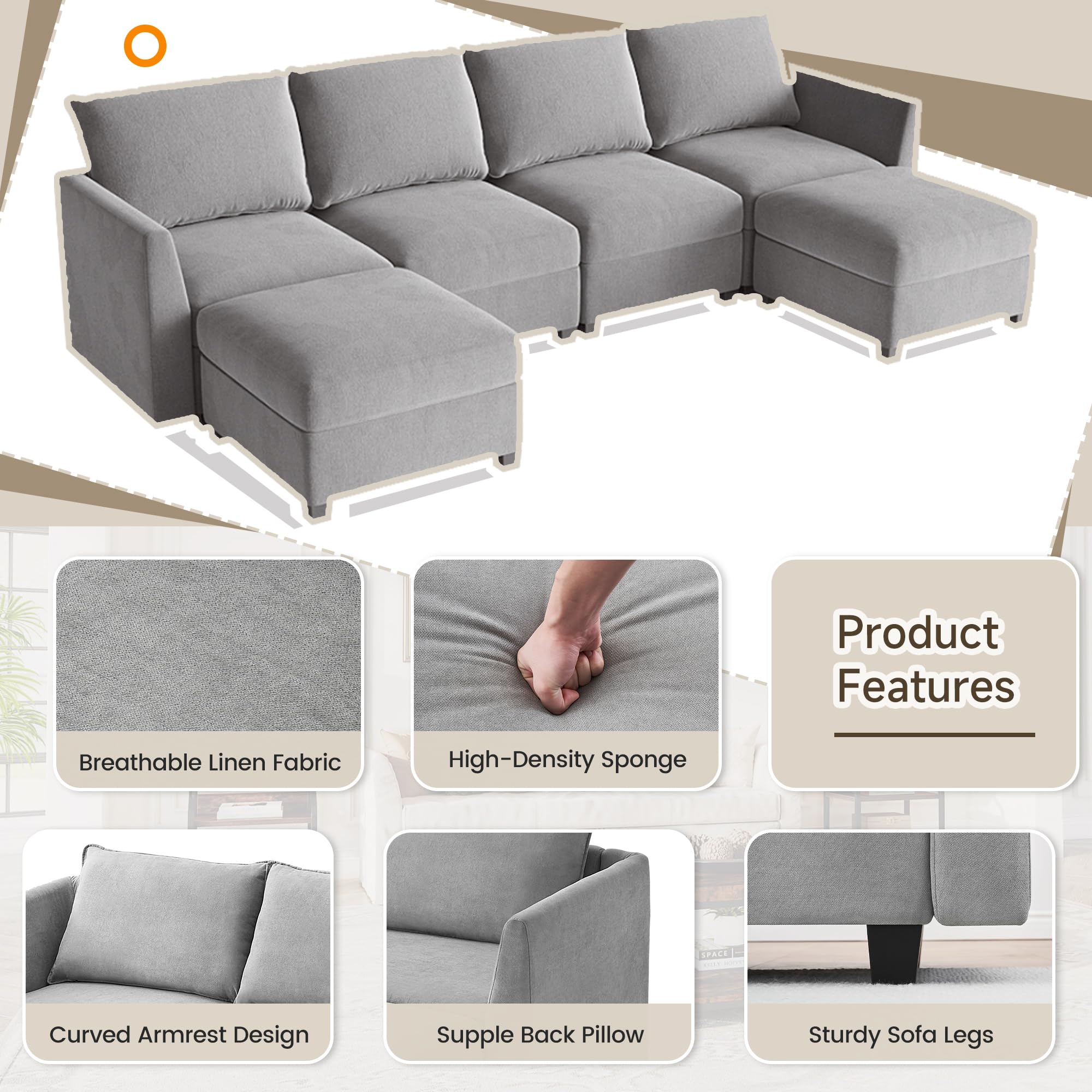 IDEALHOUSE Modular Sectional Accent Chair with Storage Seat, Linen Fabric Modern Sofa Chair with Strong Wood Frame, Upholstered Armchair with Reading Chair for Living Room Small Spaces, Grey