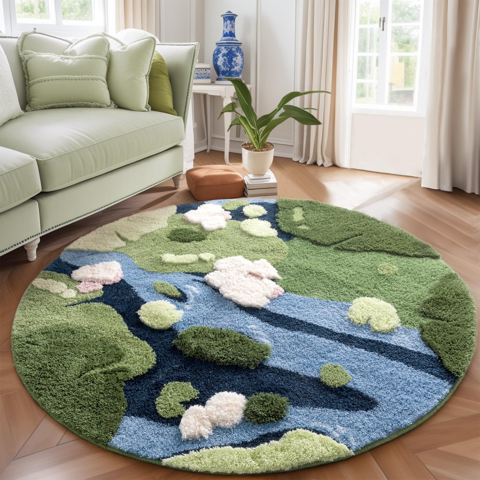 YIHOUSE Modern Round Area Rug, Grass Green Moss Aesthetic Rug for Bedroom Non-Slip Throw Shag Fluffy Carpet Washable Circle Rug for Nursery Room Girls Living Room Playroom Home Decor(Summer, 3x3Ft)