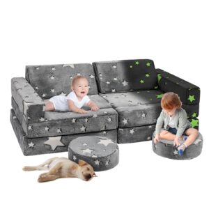 edbuosy 12pcs large kids couch, modular kids play couch for playroom bedroom, 12 in 1 glow kids sofa for playing, creativing, sleeping, indoor toddler couch for boys and girls