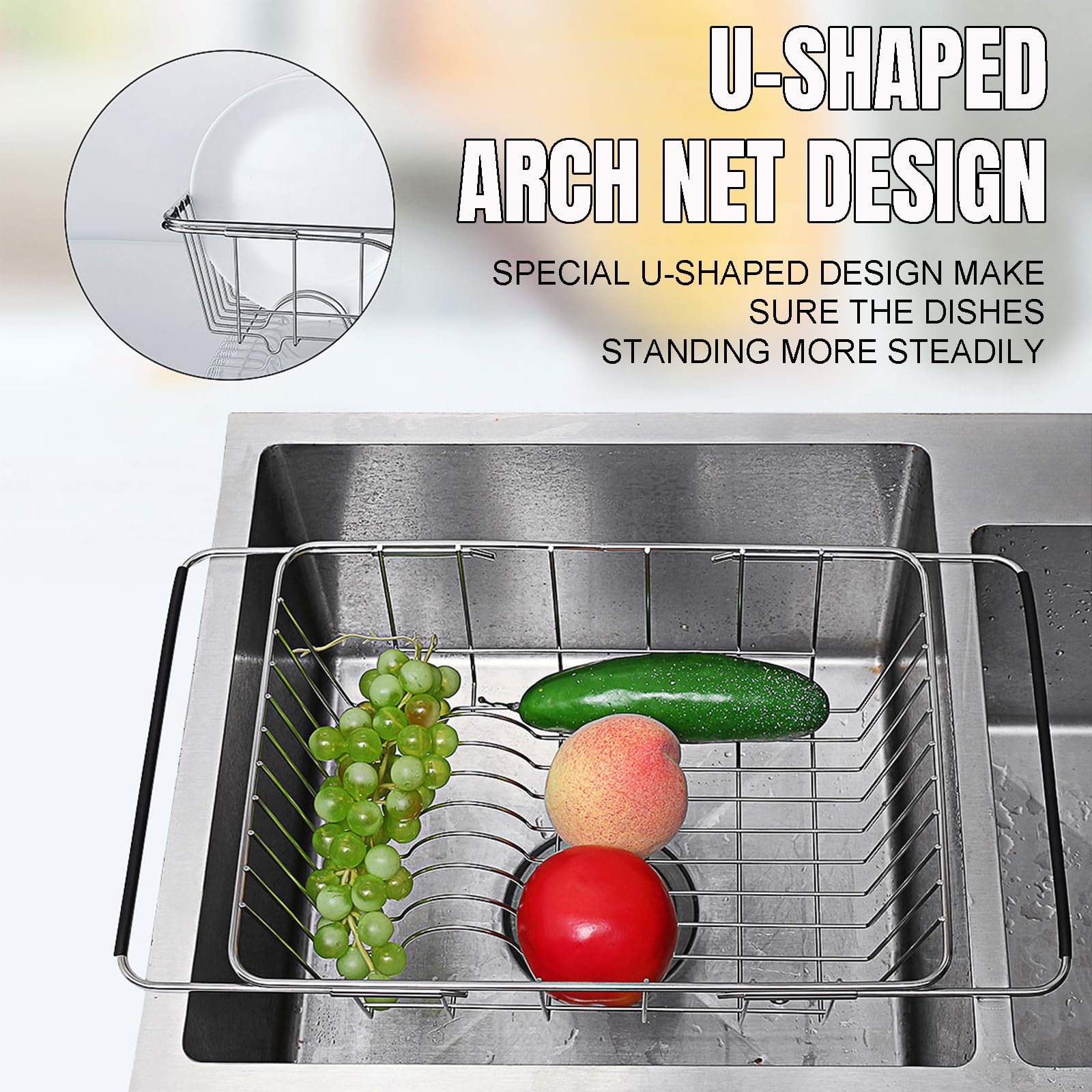 YHan Expandable Dish Drying Rack, Rustproof Stainless Over Sink Dish Drainer Rack Basket Shelf, 304 Stainless Steel Metal Dish Drainer in Sink or On Counter Organizer Dish Dryer Rack for Inside Sink