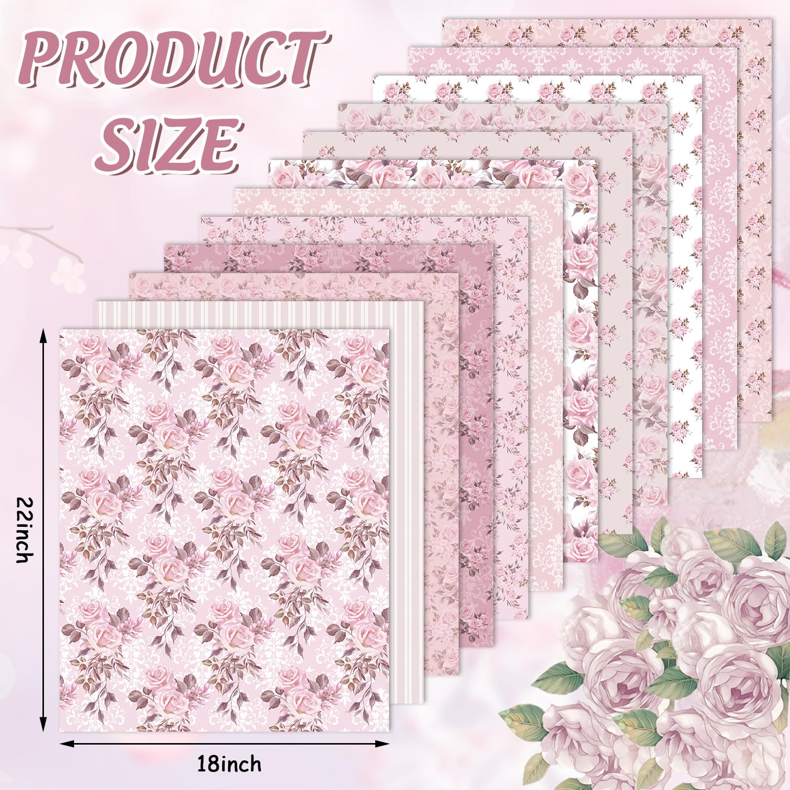 JarThenaAMCS 12Pcs Floral Cotton Fabric Bundles Pink Rose Fat Quarters Retro Flower Quilting Patchwork for Spring DIY Craft Home Party Decor, 18 x 22 Inch