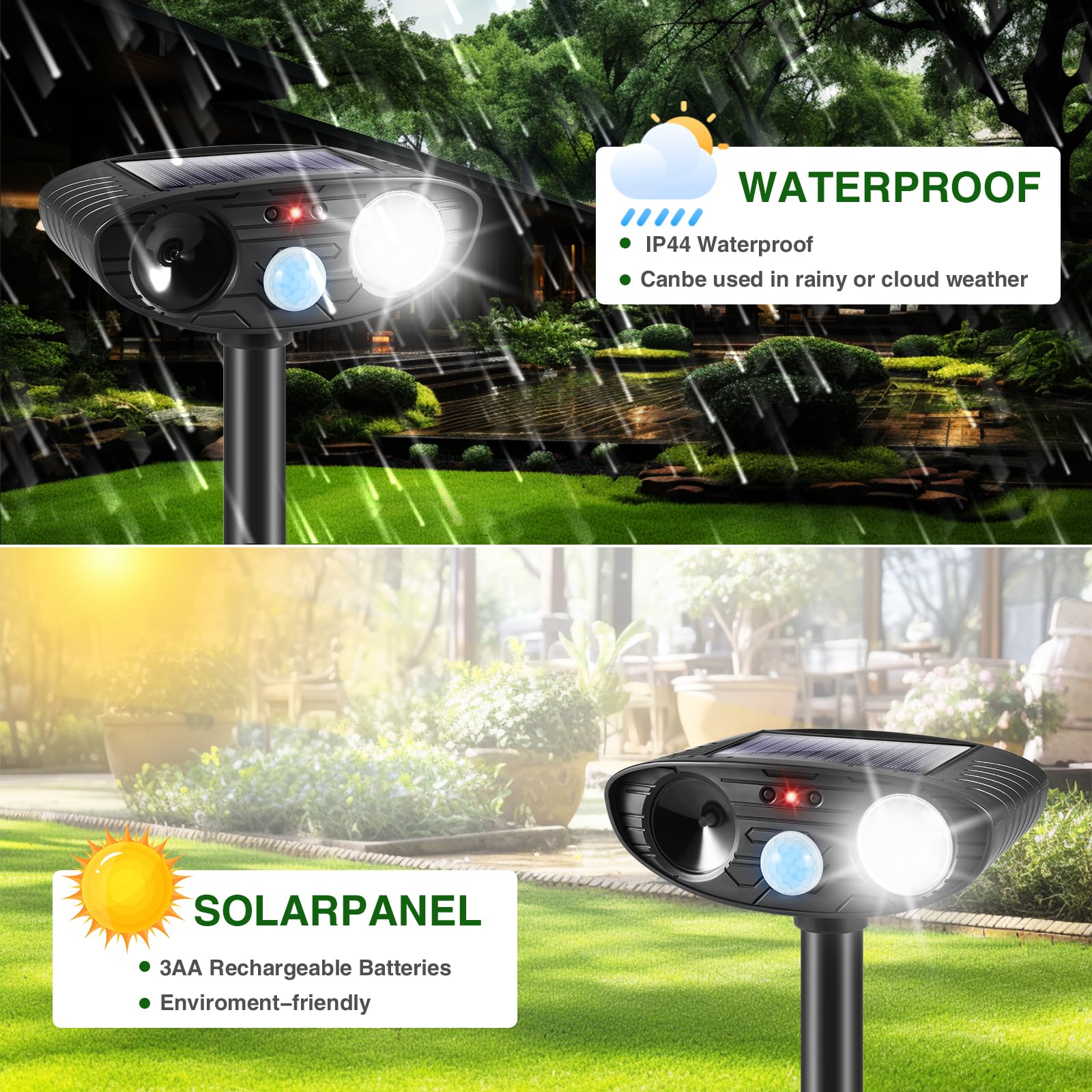 2Pcs Ultrasonic Animal Repellent Outdoor Solar Animal Repeller with Motion Sensor&LED Strobe Light Cat Deterrent to Scare Cat Deer Squirrel Dog Bird Raccoon Rabbit Skunk Repellent for Yard