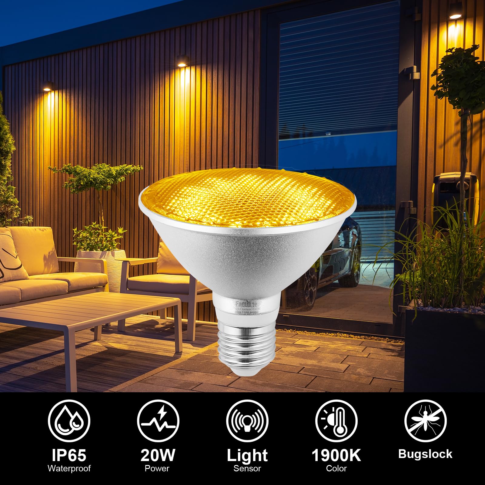 Familite LED Bug Light Bulbs, 1900K Yellow Outdoor PAR30 Flood Lights, Dusk to Dawn Auto On/Off Porch Lights, Waterproof, Replace up to 100W for Garage Hallway Yard Porch, 2 Pack (1900K Amber)