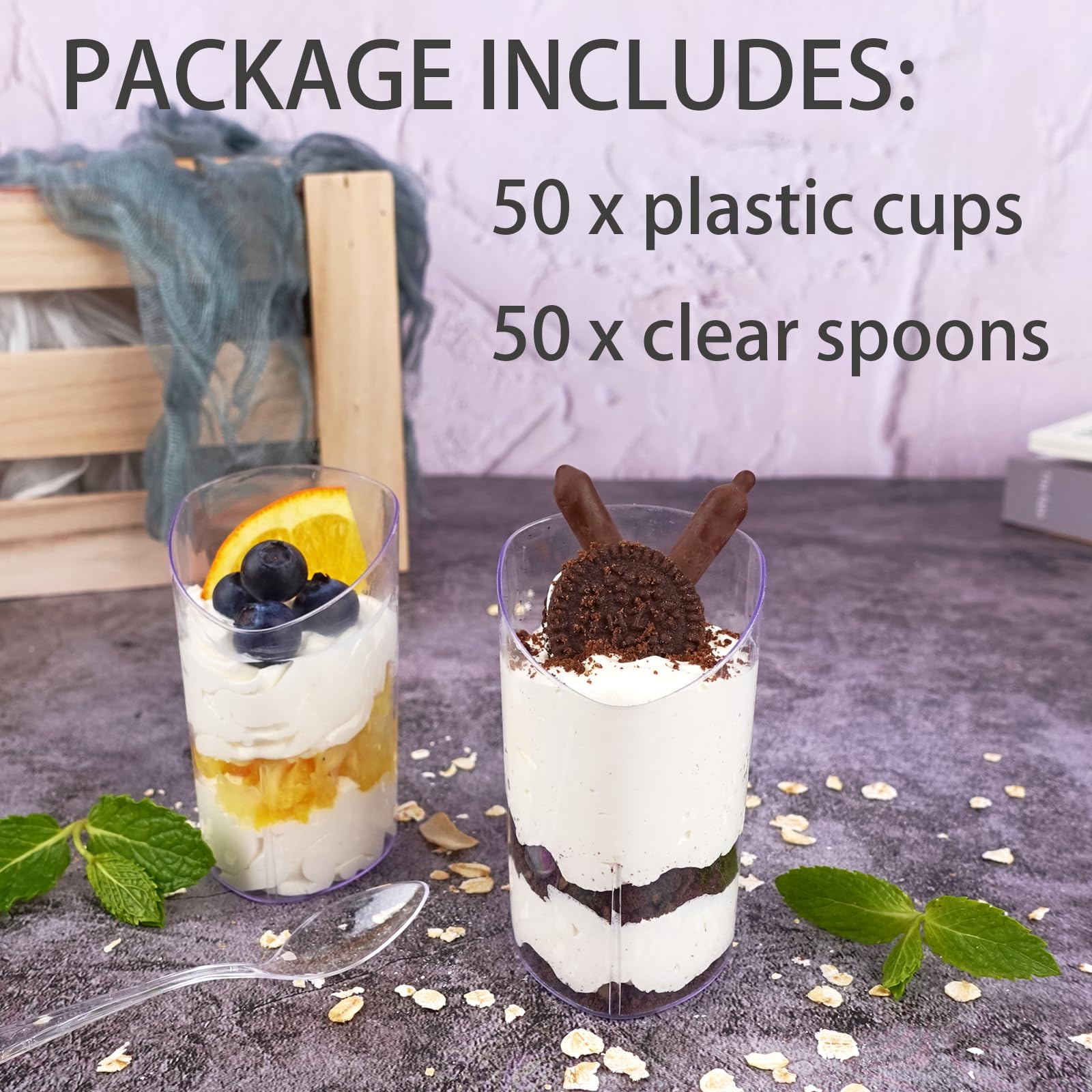 Legredic 50 Pack Mini Dessert Cups with Spoons, 3 oz Clear Plastic Parfait Appetizer Cups, Small Reusable Shooter Serving bowls for Tasting, Slanted Triangle Dessert Shot Glasses