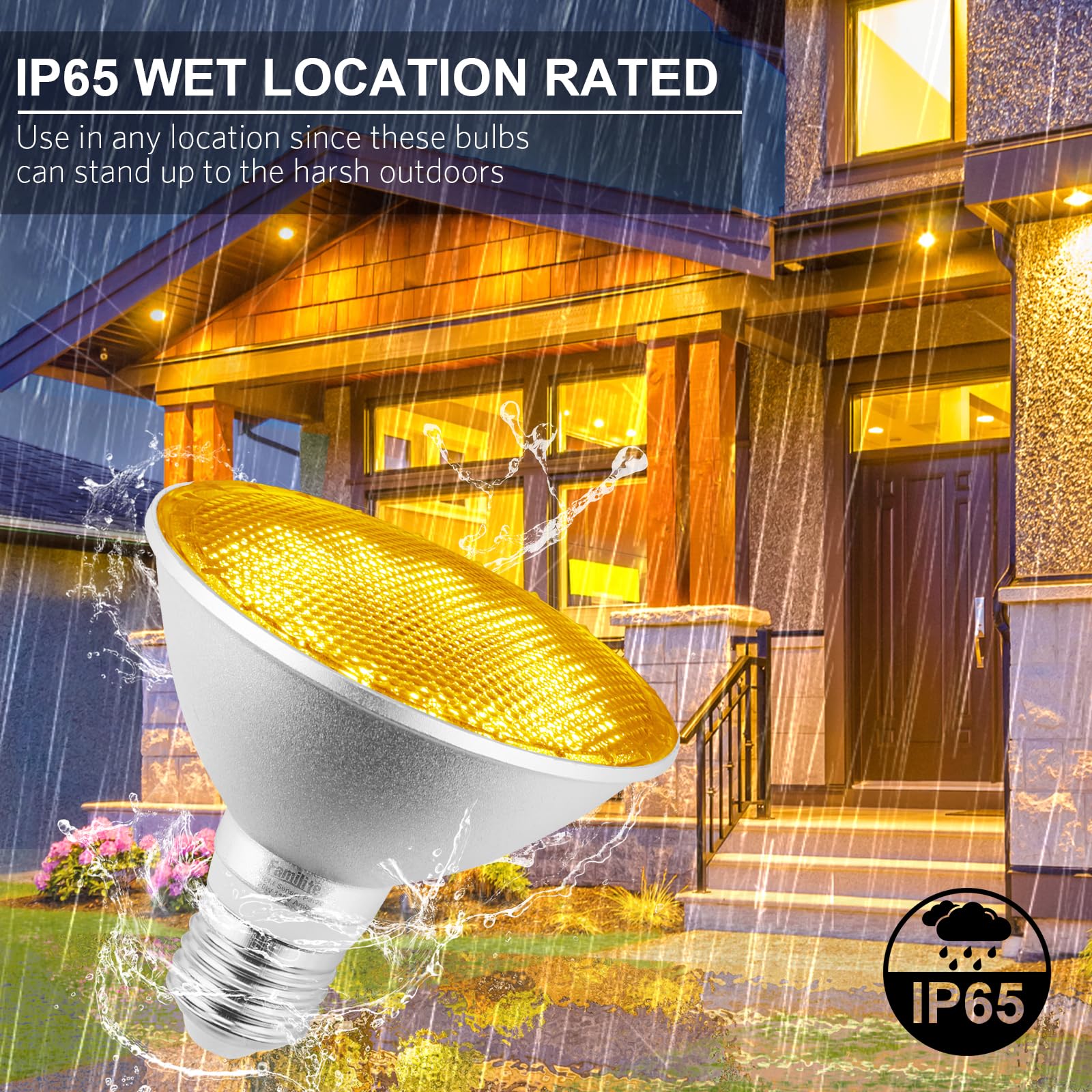 Familite LED Bug Light Bulbs, 1900K Yellow Outdoor PAR30 Flood Lights, Dusk to Dawn Auto On/Off Porch Lights, Waterproof, Replace up to 100W for Garage Hallway Yard Porch, 2 Pack (1900K Amber)