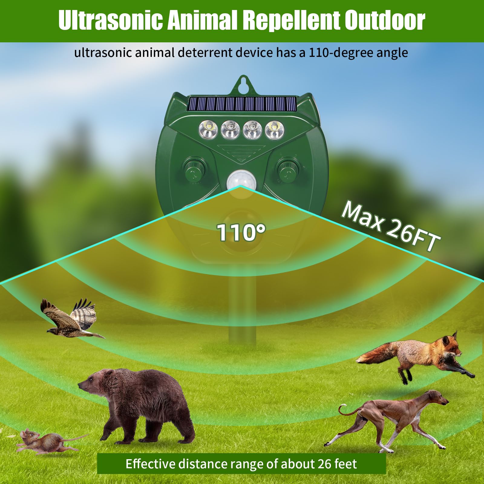 Ultrasonic Animal Repellent Outdoor Cat Repellent Deer Repellent Devices with PIR Sensor & 4 Red/White Strobe Light Solar Animal Repeller Squirrel Repellent Raccoon Rabbit Bird Repellent Deterrent