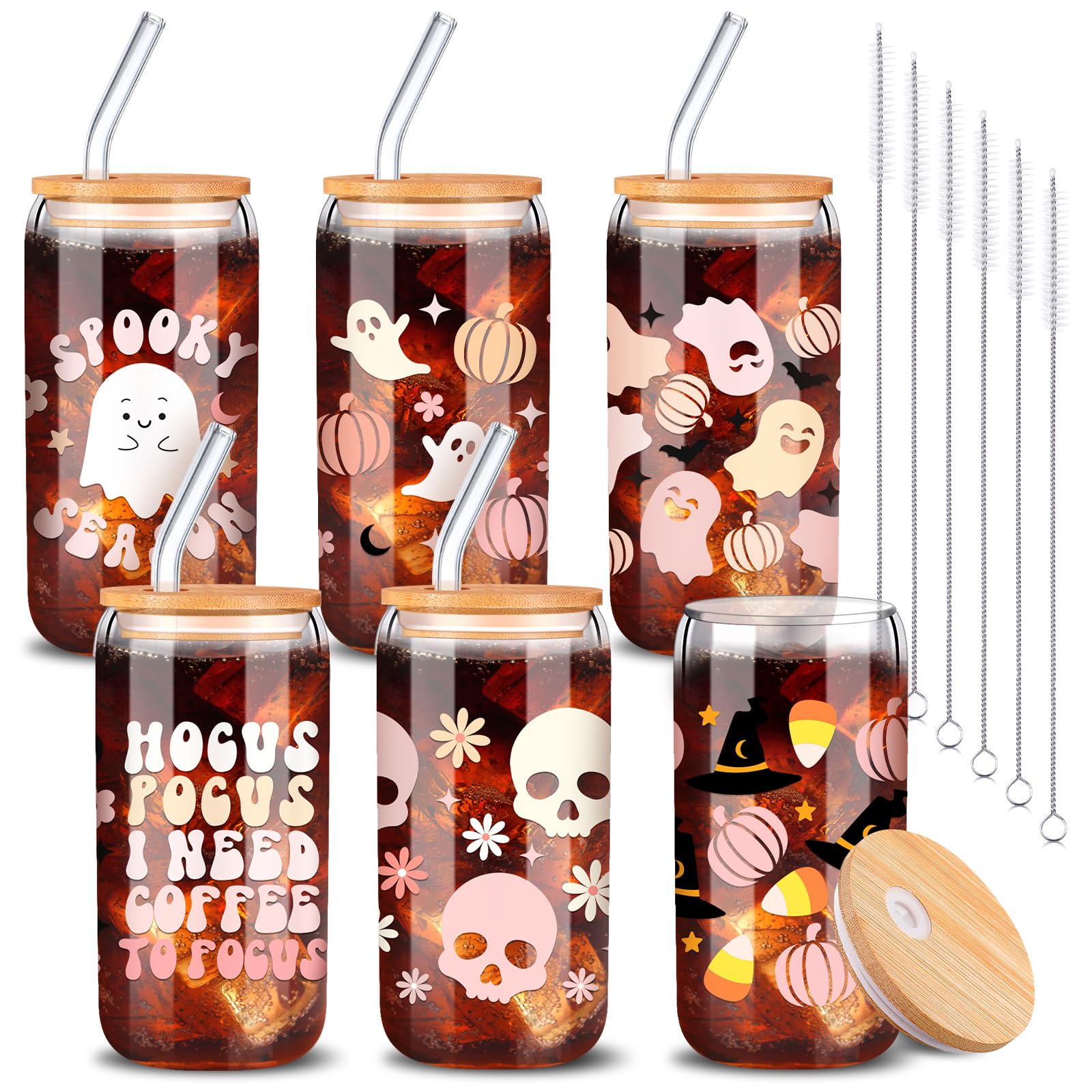 RimCereal 6 Pcs Ghost Halloween Cup Bulk 16 oz Pastel Halloween Ghost Decorations Mug Cute Halloween Gifts Spooky Iced Coffee Can Tumbler with Straw and Bamboo Lid Halloween Stuff for Women Men