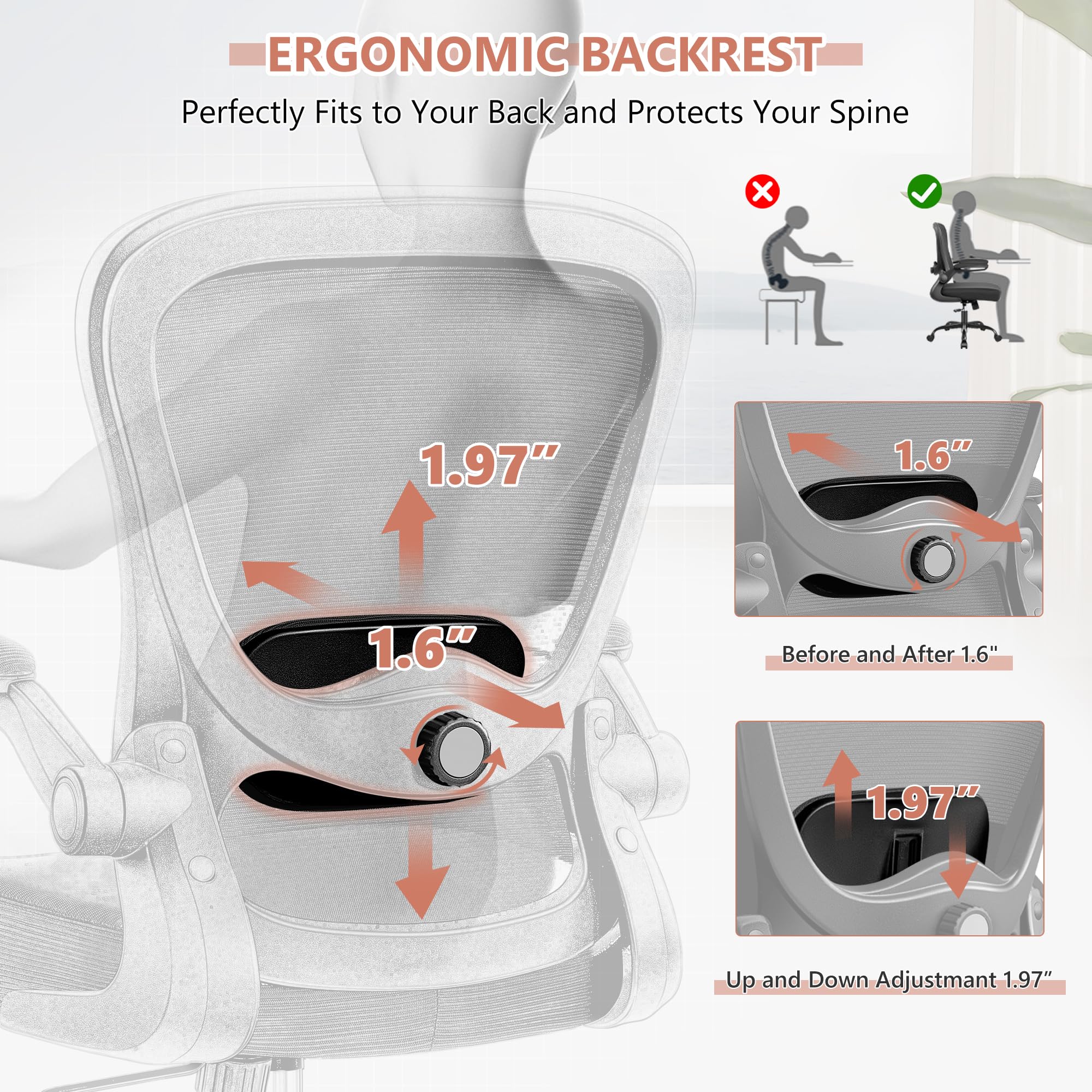 KERDOM Office Chair, Ergonomic Desk Chair with Adjustable Lumbar Support, Rolling Swivel Executive Computer Chair with Flip-up Armrest, Breathable Mesh Gaming Chair Home Office, Black Office Chair