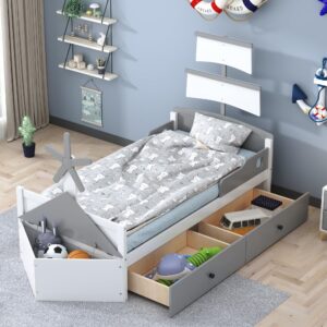 merax kids cute boat-shaped platform beds frame with drawers, wood low daybed with ottoman for boys,girls, no box spring need (twin, white+gray)