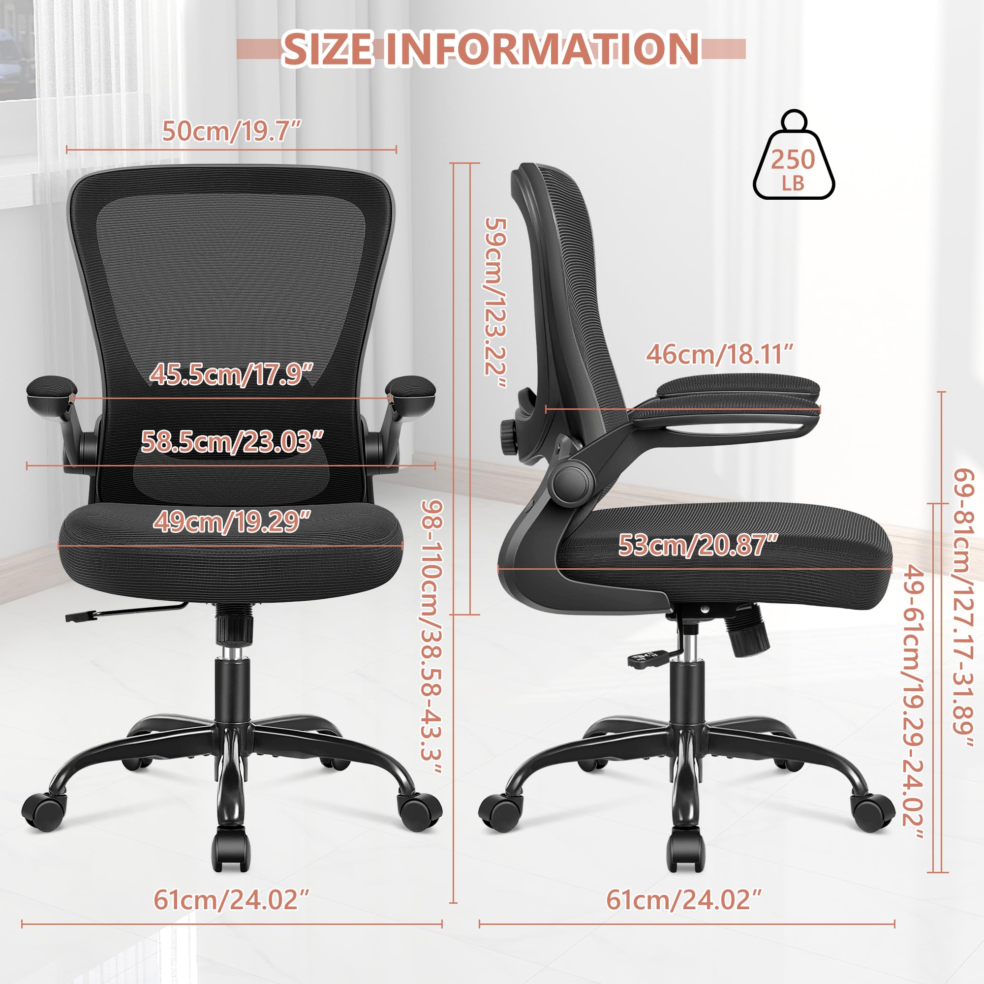 KERDOM Office Chair, Ergonomic Desk Chair with Adjustable Lumbar Support, Rolling Swivel Executive Computer Chair with Flip-up Armrest, Breathable Mesh Gaming Chair Home Office, Black Office Chair