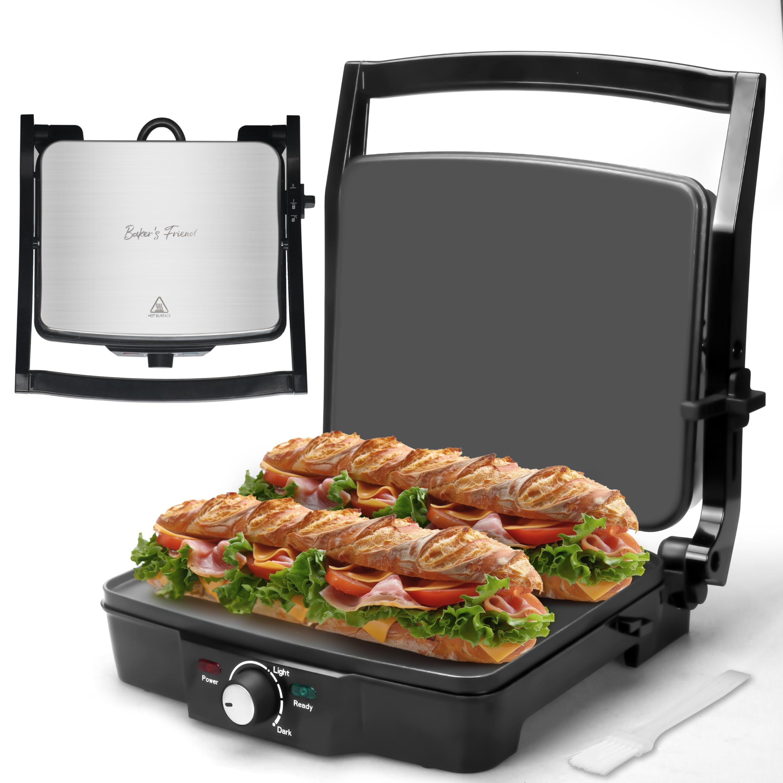 Baker's Friend Panini Press Electric Griddle, Panini Grill Press Sandwich Maker Press, Grilled Cheese Maker, Sandwichera Electrical, Browning Control, Non Stick Surfaces, 4-Slices, Stainless Steel