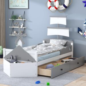 Merax Kids Cute Boat-Shaped Platform Beds Frame with Drawers, Wood Low Daybed with Ottoman for Boys,Girls, No Box Spring Need (Twin, White+Gray)