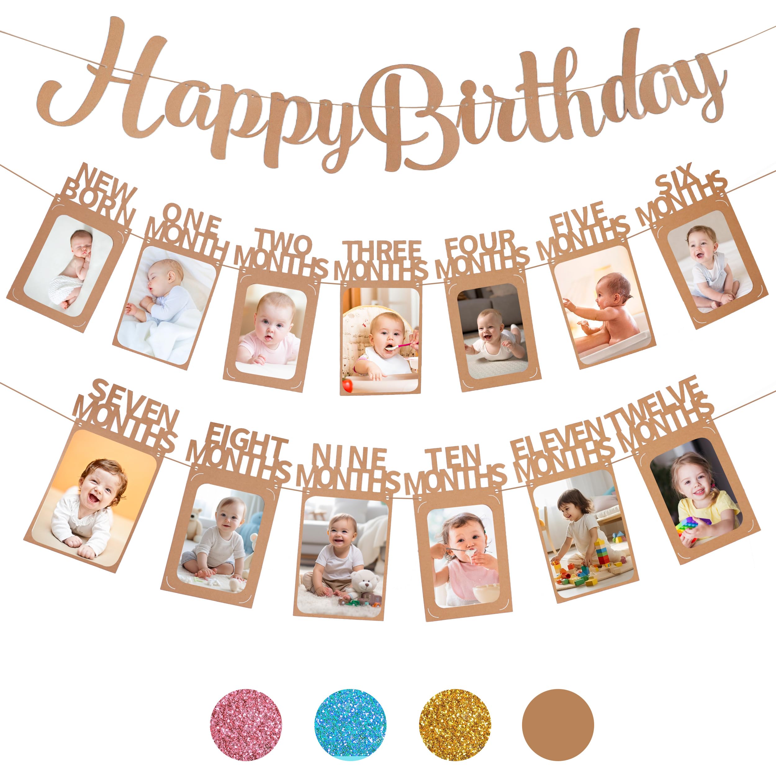 1st Birthday Photo Banner and Happy Birthday Banner for Boys Girls from Newborn to 12 Months, Pre-Strung First Birthday Monthly Photo Banner Decorations for Baby Shower, First Birthday Party (Kraft)