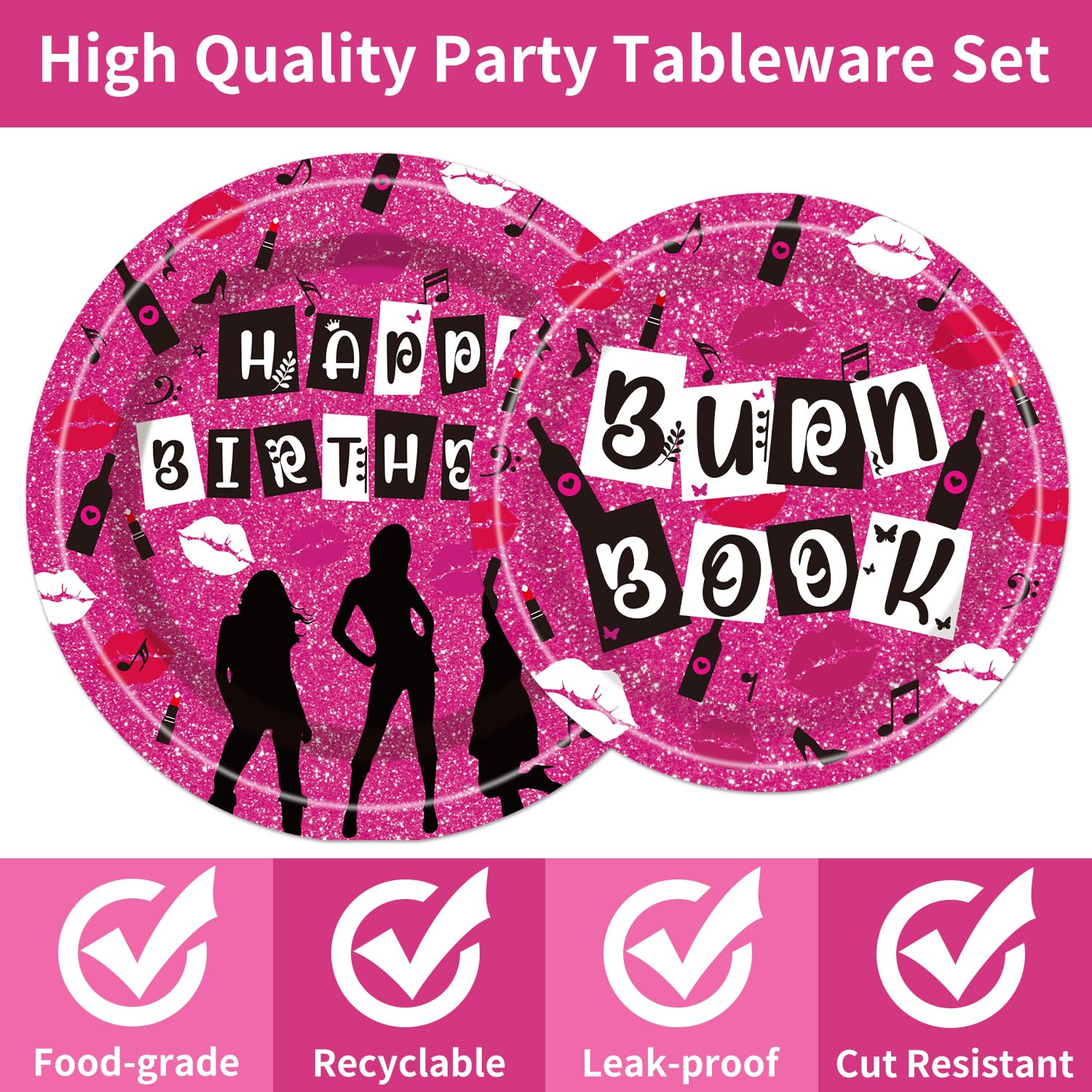 Girls Party Supplies Birthday Tableware - 96 Pcs Burn Book Lips Plates and Napkins Sets with Forks, So Fetch Women Movie Party Decorations, Bridal Shower Disposable Dinnerware, Serves 24