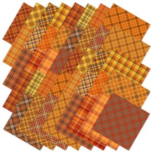 jarthenaamcs 40pcs fall cotton fabric bundles orange yellow buffalo plaid fat quarters autumn thanksgiving quilting patchwork for diy craft home party decor, 10 x 10 inch