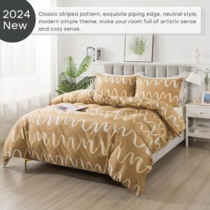 Lemfux 100% Cotton Geometric Pattern Light Brown Duvet Cover Set, Curve Print Modern Abstract Soft Comforter Cover Set with Metal Zippers, Luxury Neutral Designer Bedding Set, Full Size, 3Pcs