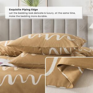 Lemfux 100% Cotton Geometric Pattern Light Brown Duvet Cover Set, Curve Print Modern Abstract Soft Comforter Cover Set with Metal Zippers, Luxury Neutral Designer Bedding Set, Full Size, 3Pcs