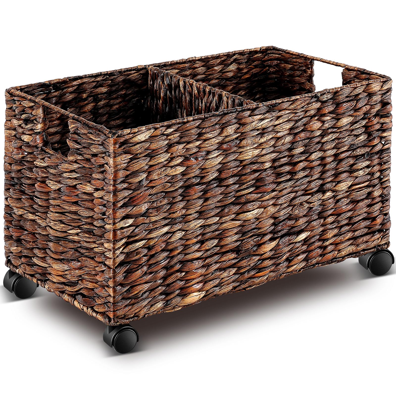 Havawish 1 Pcs Extra Large Rolling Storage Wicker Basket Cart with Wheels File Cabinet 23 x 12.5'' Water Hyacinth Divided Organizer Blanket Storage Recycling Sorting Bin for Laundry Living Room