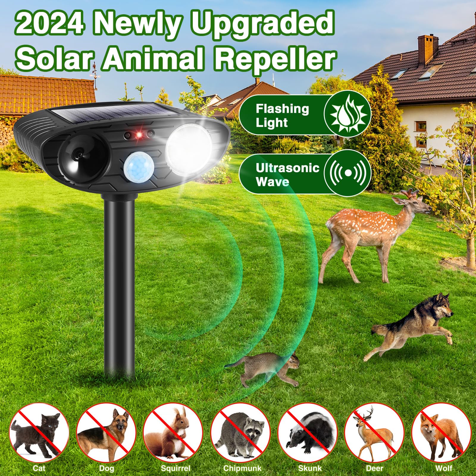 2Pcs Ultrasonic Animal Repellent Outdoor Solar Animal Repeller with Motion Sensor&LED Strobe Light Cat Deterrent to Scare Cat Deer Squirrel Dog Bird Raccoon Rabbit Skunk Repellent for Yard