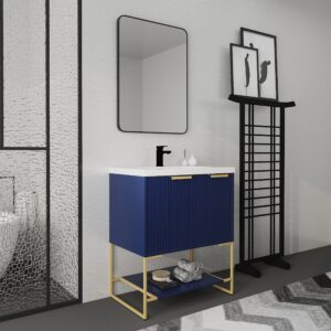 CuisinSmart 30" Bathroom Vanity with Resin Sink, Bathroom Storage Cabinet with Soft Close Doors & Drawers, Bath Vanity with Open Shelf and Metal Pedestal Navy Blue