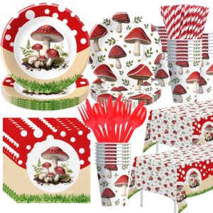 apowbls mushroom party decorations tableware, mushroom birthday party supplies, paper plate, cup, napkin, disposable cutlery, tablecloth, straws, mushroom baby shower decorations dinnerware | serve 24