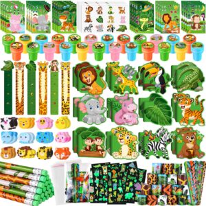 benlouis 240pcs jungle safari party favors zoo animals sticker stampers slap bracelets school stationery set bulk classroom prizes for kids wild one party baby shower goodie bags fillers