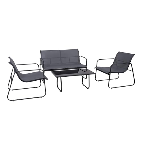 4 Piece Patio Furniture Set, Outdoor Conversations Sets for Patio, Lawn, Garden, Poolside with a Glass Coffee Table, Heathered Grey Fabric with Black Frame