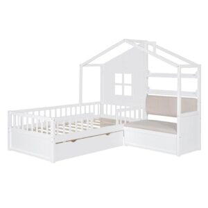 BOVZA Kids Twin Size House Bed with Sofa Bench and 2 Drawers, Wood Platform Bed Frame with Fence and Roof, Storage Shelves, for Girls Boys, White