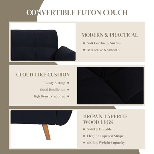 Wonder Comfort Corduroy Futon Sofa Bed Loveseat, Adjustable Backrest Convertible Sleeper Reclining Couch with Tapered Wood Legs, Black