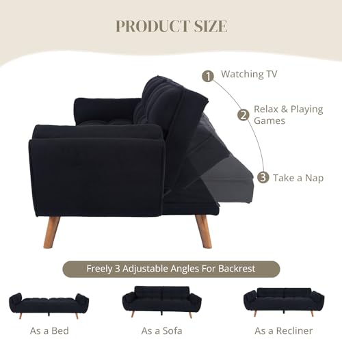 Wonder Comfort Corduroy Futon Sofa Bed Loveseat, Adjustable Backrest Convertible Sleeper Reclining Couch with Tapered Wood Legs, Black