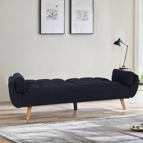 Wonder Comfort Corduroy Futon Sofa Bed Loveseat, Adjustable Backrest Convertible Sleeper Reclining Couch with Tapered Wood Legs, Black