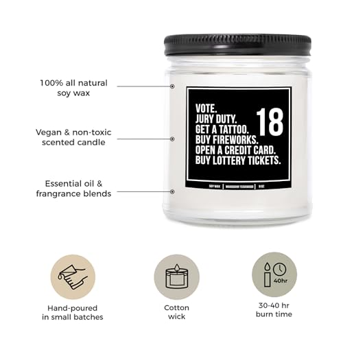 YouNique Designs 18th Birthday Candle 9oz Candle Gifts for 18 Year Old Girl, Boy, Daughter, Son, Male, Him, 18th Birthday Candles Gifts for Turning 18, 18th Birthday Present (Mahogany Teakwood)