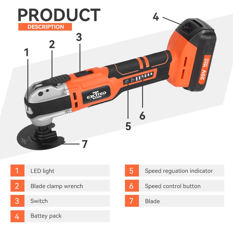 20V Cordless Oscillating Tool Kits, LAZYLAND Brushless Oscillating Multitool with 6-variable speed, Battery and accessories for Cutting, Grinding, Scraping, Sanding