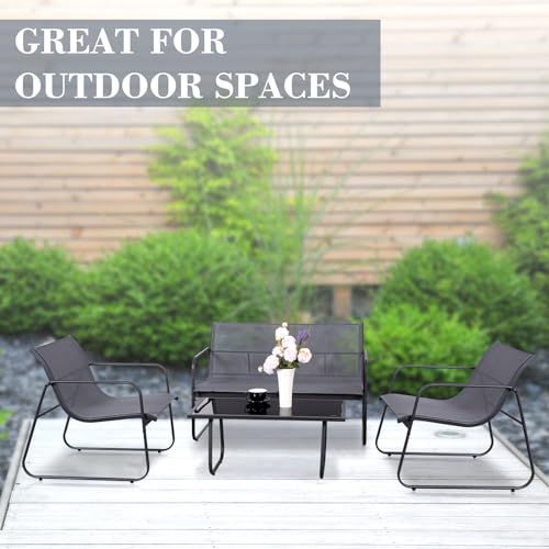 4 Piece Patio Furniture Set, Outdoor Conversations Sets for Patio, Lawn, Garden, Poolside with a Glass Coffee Table, Heathered Grey Fabric with Black Frame