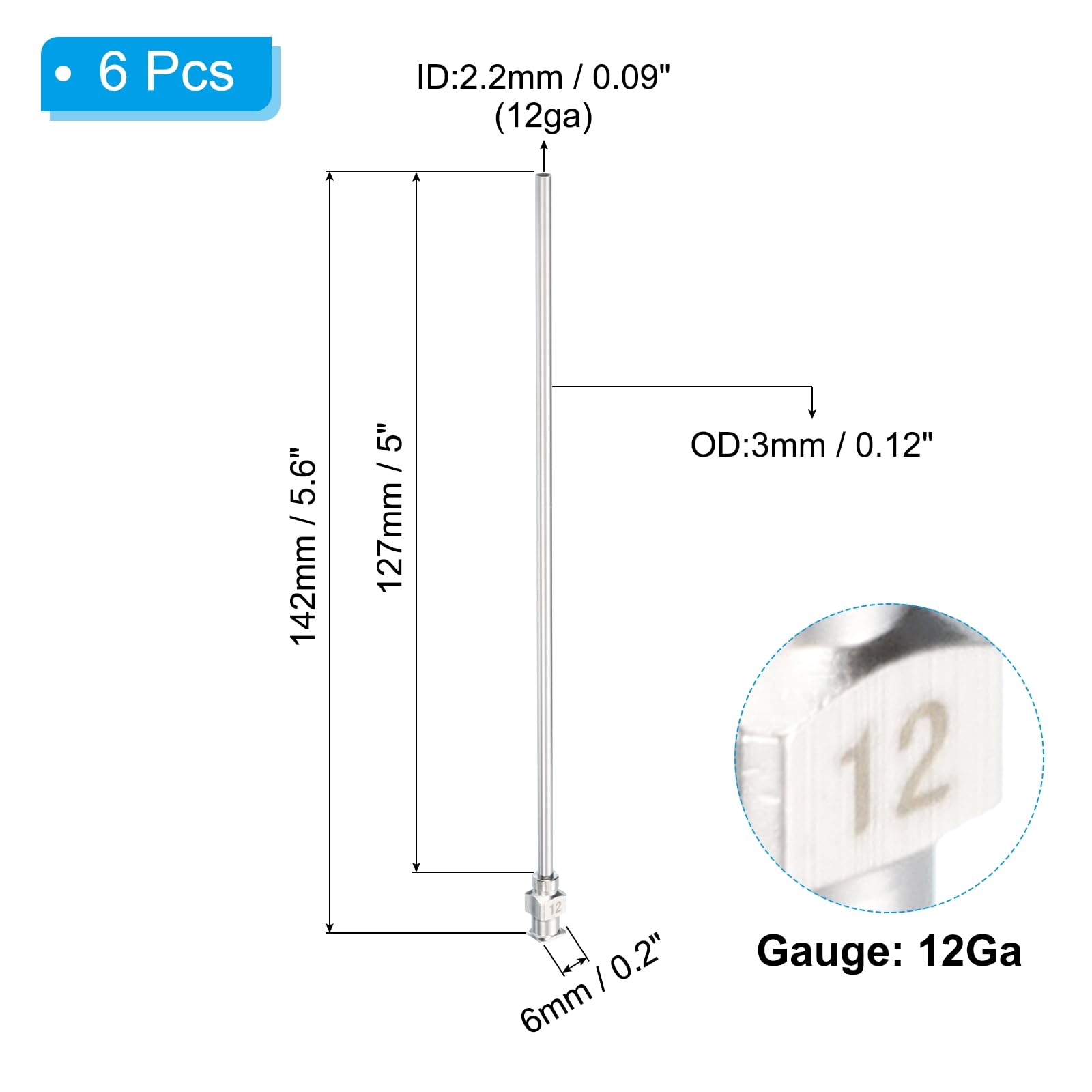 PATIKIL 12Ga x 5 Inch Stainless Steel Dispensing Needle Tips, 6Pcs Metal Glue Needle Tube Blunt Tips Luer Lock for Thick Glue Ink Lab, Silver
