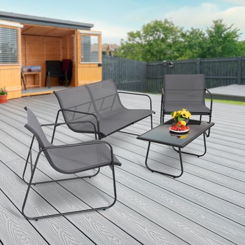 4 Piece Patio Furniture Set, Outdoor Conversations Sets for Patio, Lawn, Garden, Poolside with a Glass Coffee Table, Heathered Grey Fabric with Black Frame