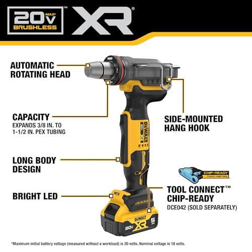 DEWALT 20V MAX XR PEX Expander Tool Kit with 1", 1-1/4", and 1-1/2" Expansion Heads, Battery and Charger Included (DCE410P1)