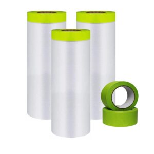 yunxihui painters plastic with tape, tape and drape, 3 rolls automotive painters tape and plastic film, paint plastic covering roll for covering skirting, frames, cars and auto body (55in x 65-feet)