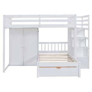 Harper & Bright Designs Full Over Twin Bunk Bed with Stairs & Wardrobe, Wood Bunk Bed with Storage Drawers, Kids Bunk Bed Full Over Twin Size for Bedroom,No Box Spring Needed(White)