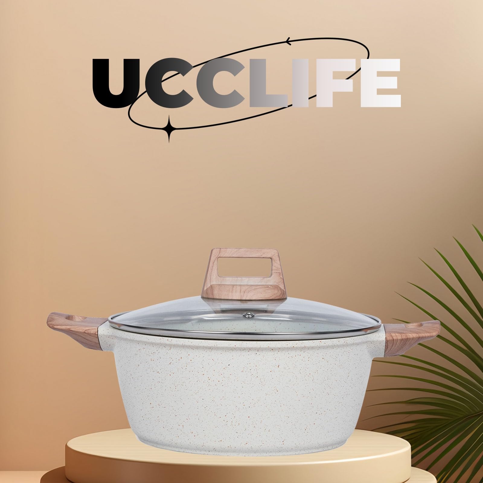 Ucclife 10pcs Pots and Pans Set Nonstick, Granite Frying Pans Induction Kitchen Cookware Sets, with Wood Print Handles Frying Pans, Saucepans, Steamer Shovel Spoon, Beige