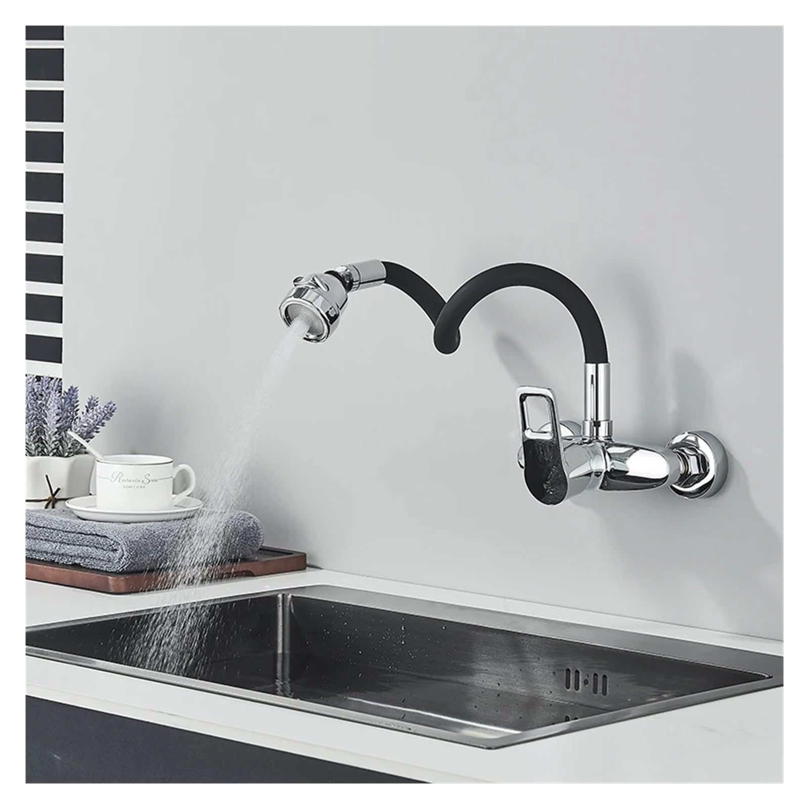 LHXEQJAM Chrome Kitchen Sink Black Hose Multi-Mode Spout Wall Mount Hot and Cold Mixer Faucet (Color : Matte Black)