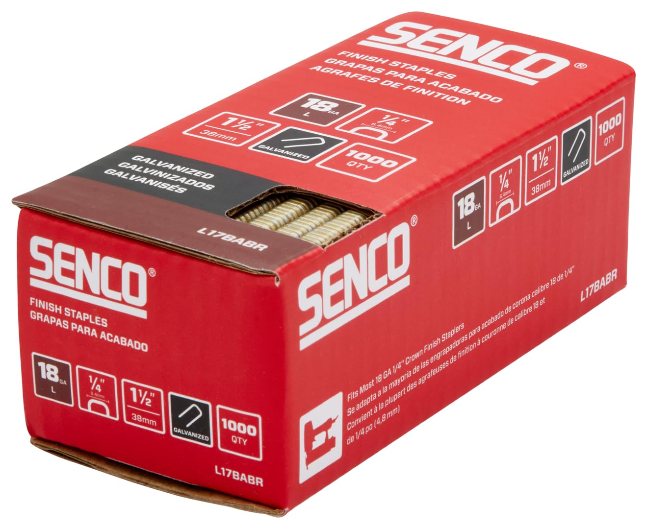 SENCO L17BABR 1-1/2" 18 Gauge 1/4" Crown Finish Staples, Galvanized Finish 1,000 Count Pack