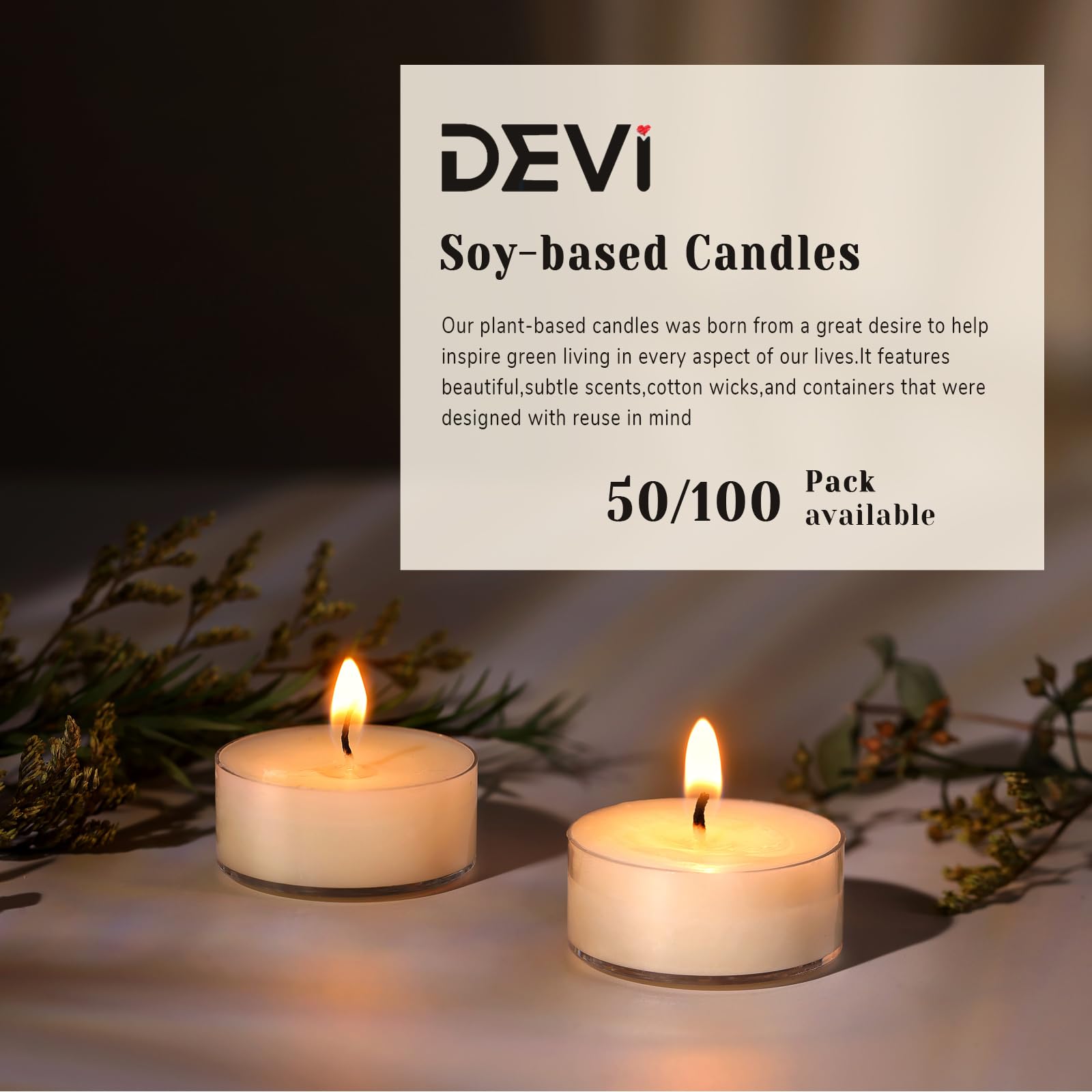 DEVI Soy Wax Tea Lights Candles 100 Pack Paraffin-Free, Soy Tealight Candles Bulk-4 Hours Long Burning, Unscented White Small Tea Candles-Burn Evenly, Candles for Woman, Wedding Baby Shower Favors